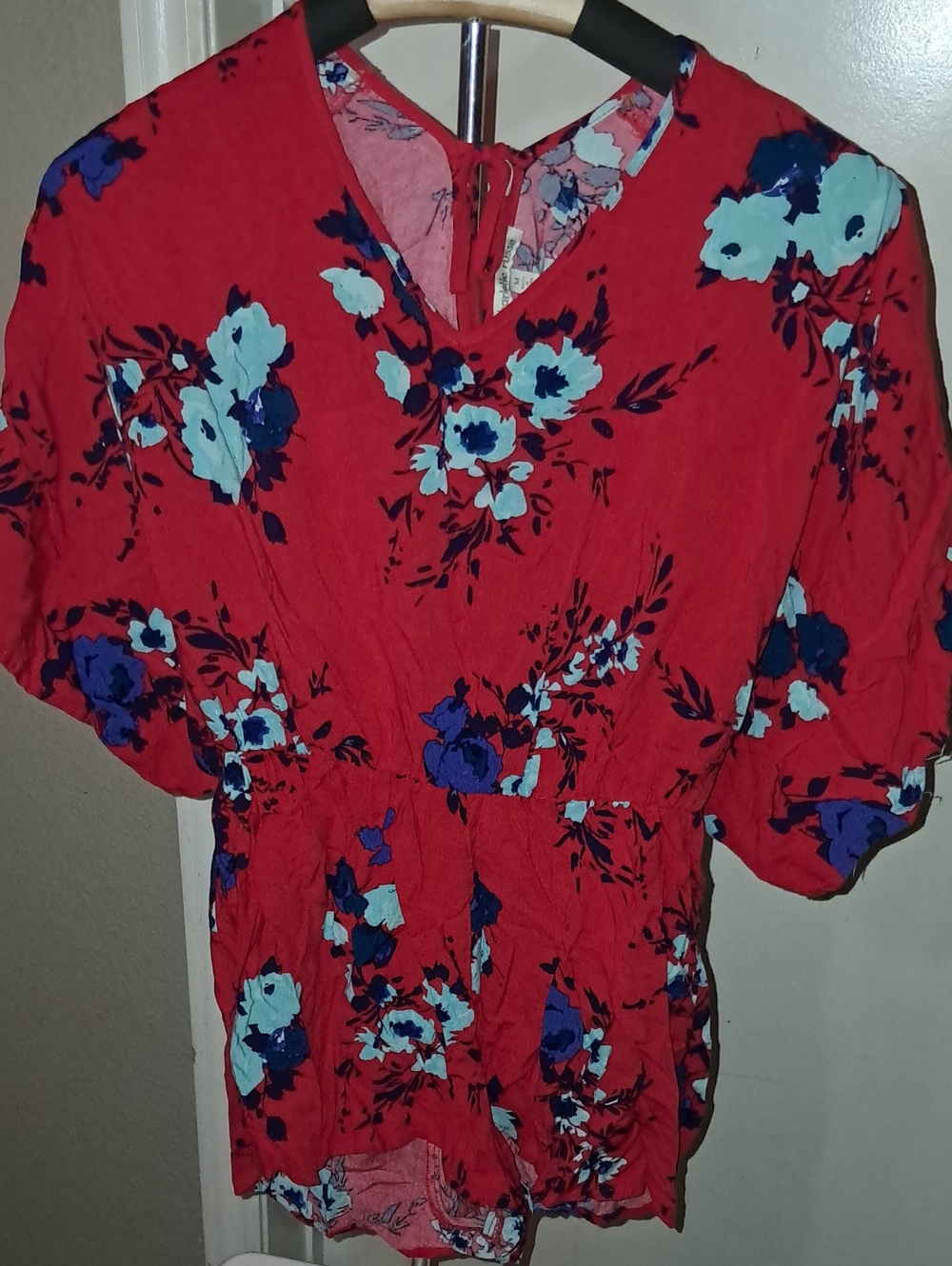 Charlotte Russe Red Floral V-Neck Romper with Blue Accents